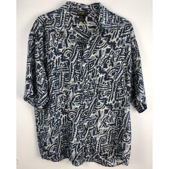 VTG PURE Abstract Tribal Shirt Size L 100% Silk Button Short Sleeve Blue & White - Picture 1 of 6
